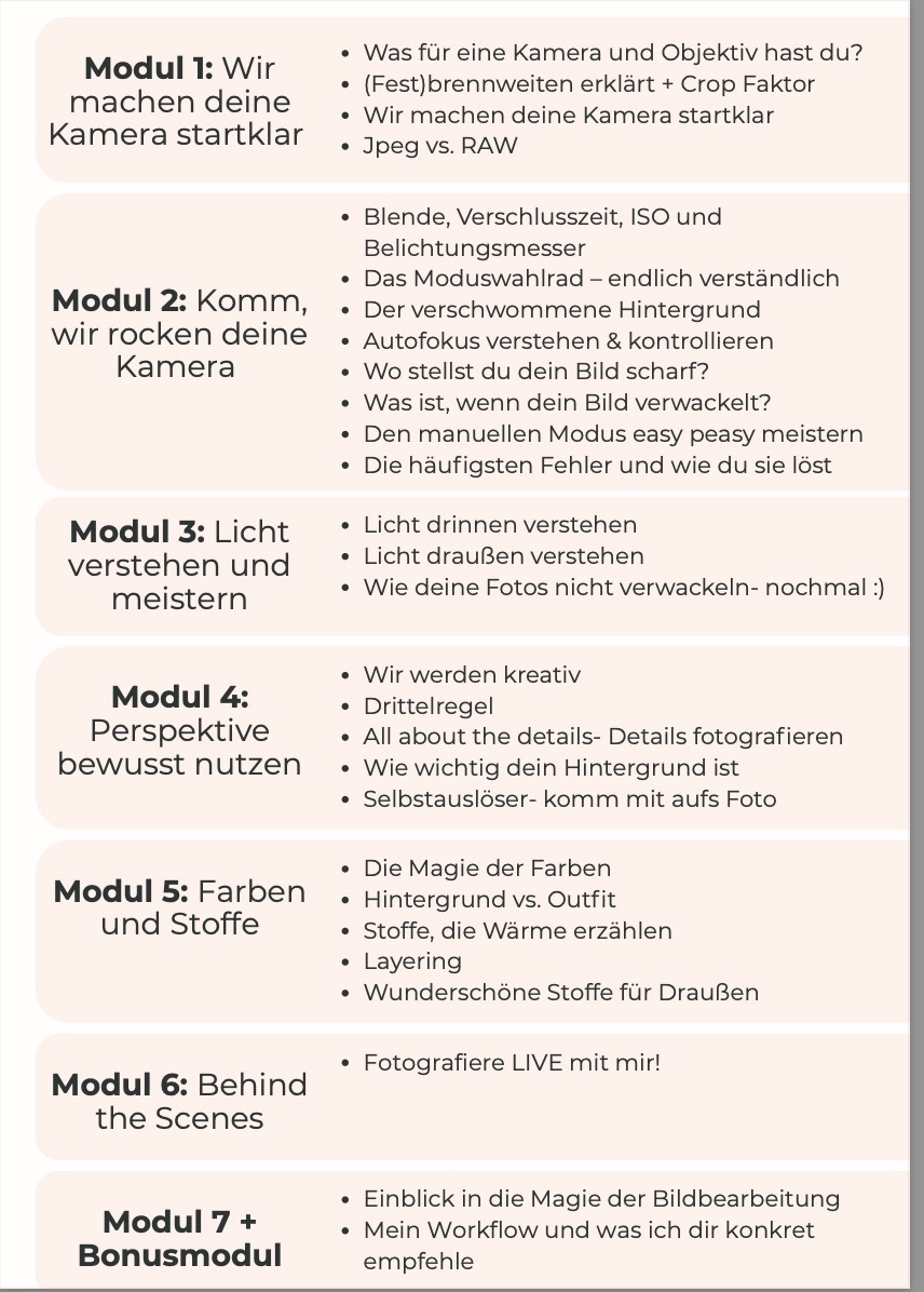 Modulübersicht Fotokurs